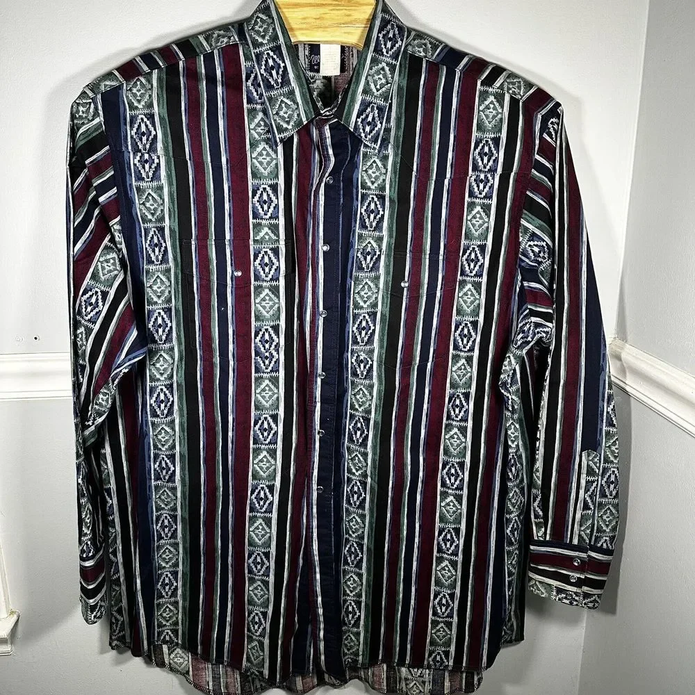 Vintage Wrangler Brushpopper Southwestern Aztec Print Pearl Snap 3XT Cotton‎ - Picture 2 of 5